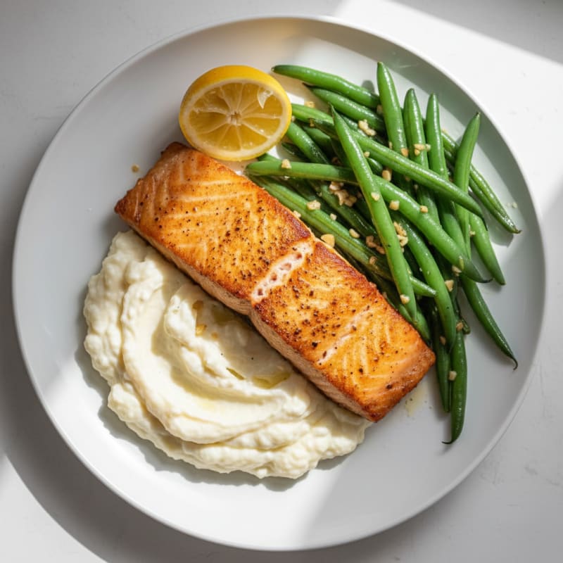 Seared Salmon with Garlic Green Beans and Mashed Cauliflower