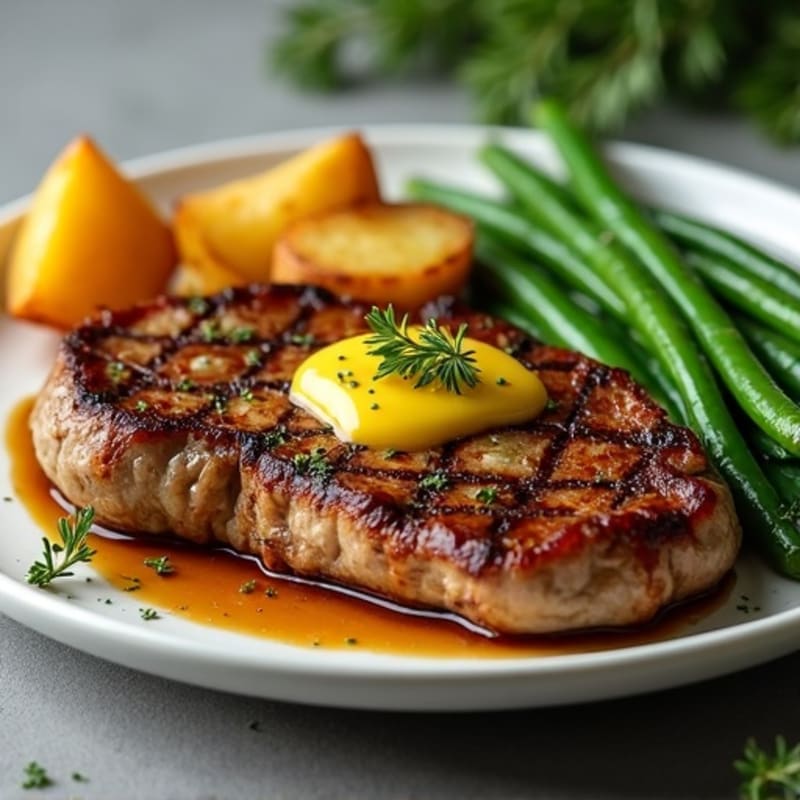 Garlic Butter Pan-Seared Steak with Crispy Roasted Potatoes and Fresh Green Beans