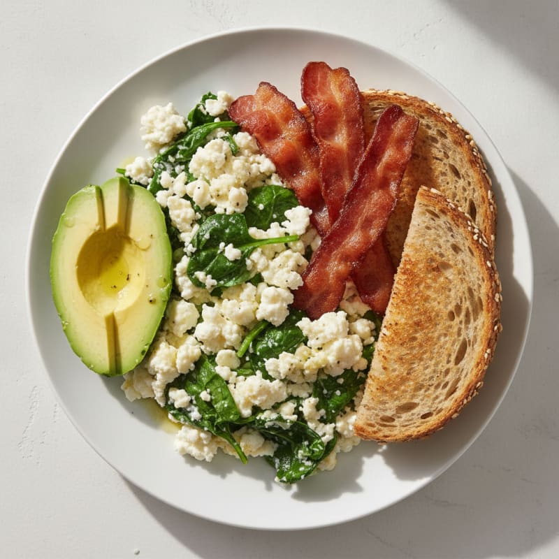 Egg White and Cottage Cheese Scramble with Spinach and Turkey Bacon