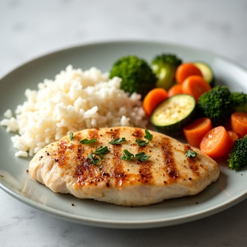 Simple Pan-Seared Chicken Breast with Steamed Rice and Roasted Vegetables
