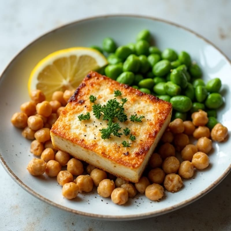 Garlic-Herb Pan Seared Tofu Steaks with Edamame and Chickpeas