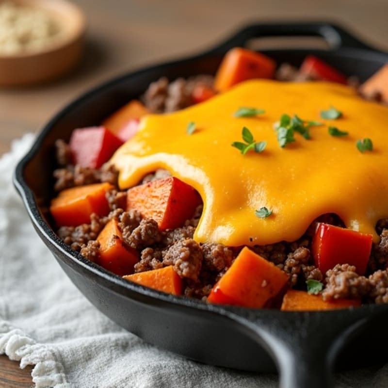 Loaded Sweet Potato Beef Skillet with Melted Cheese