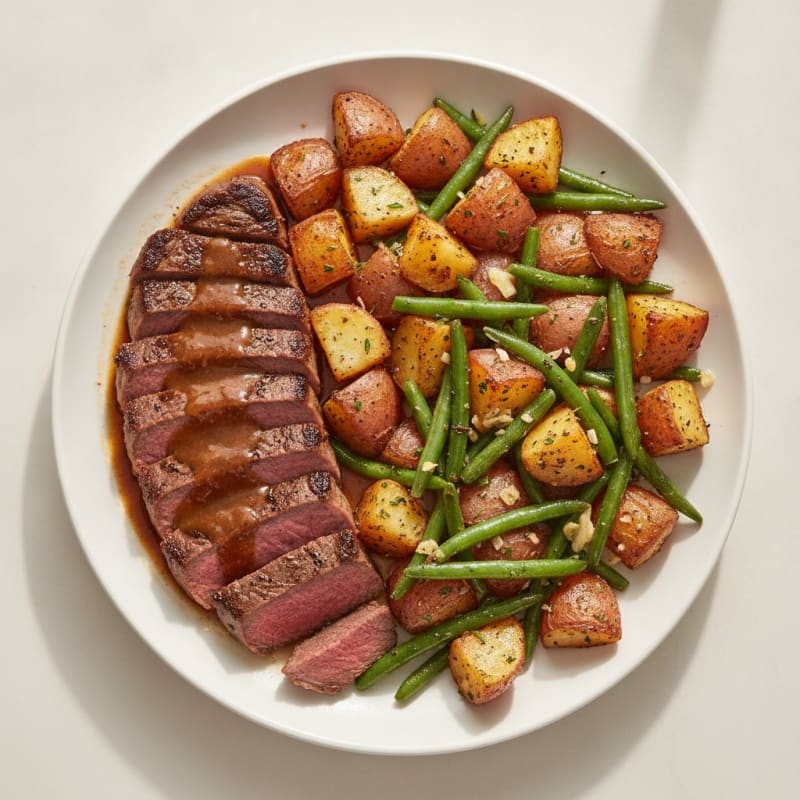 Pan-Seared Steak with Roasted Potatoes and Garlic Green Beans