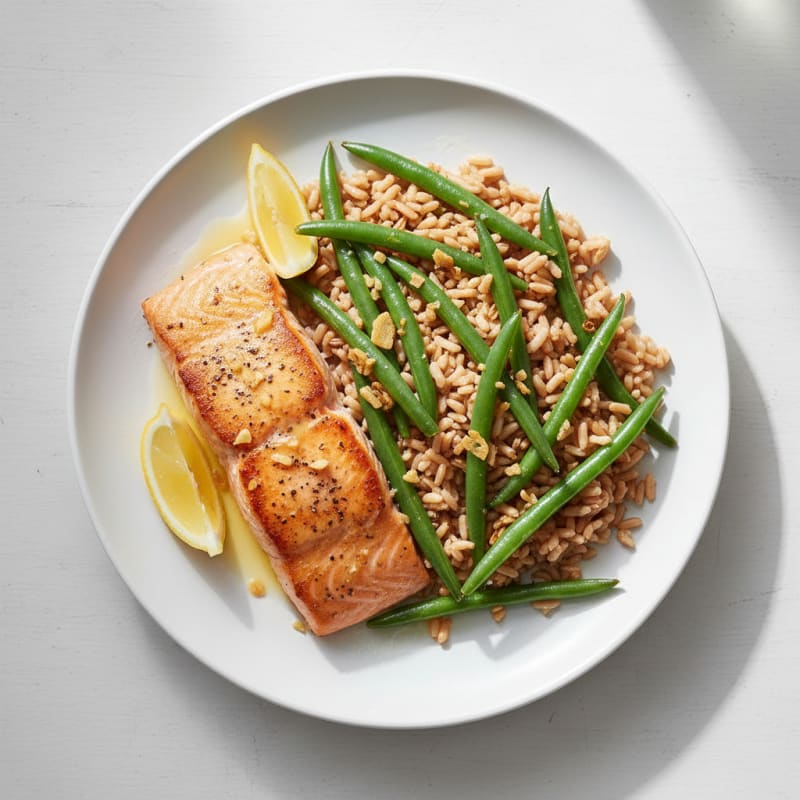 Seared Salmon with Garlic Green Beans and Brown Rice
