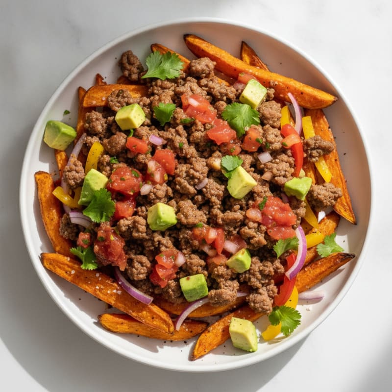 Loaded Ground Beef Sweet Potato Fries
