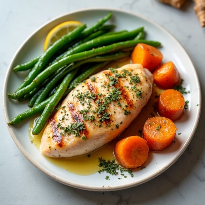 Herb-Roasted Chicken Breast with Roasted Sweet Potatoes and Crispy Green Beans