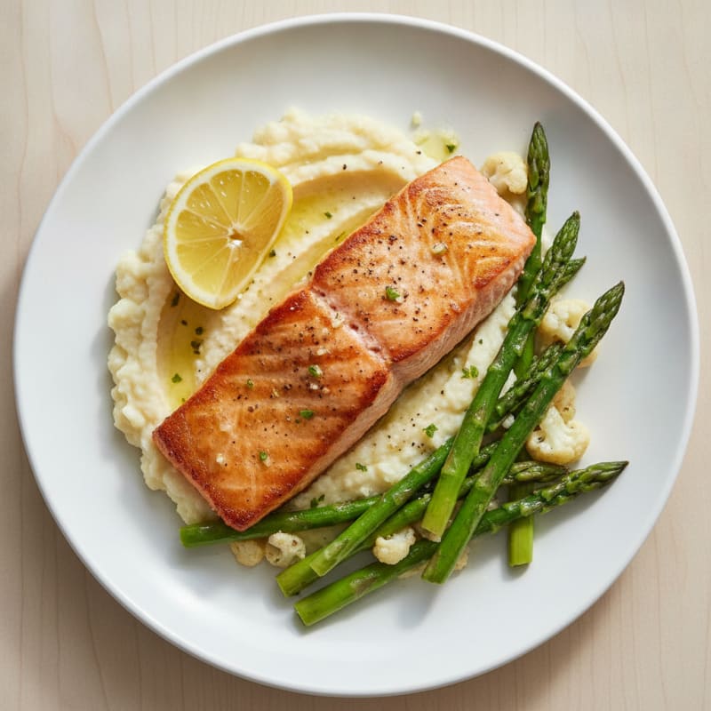 Seared Salmon Fillet with Steamed Asparagus and Cauliflower Mash