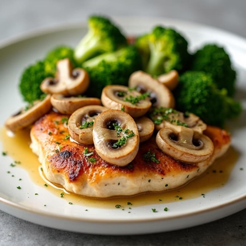 Roasted Chicken with Creamy Garlic Butter Mushrooms and Crispy Broccoli