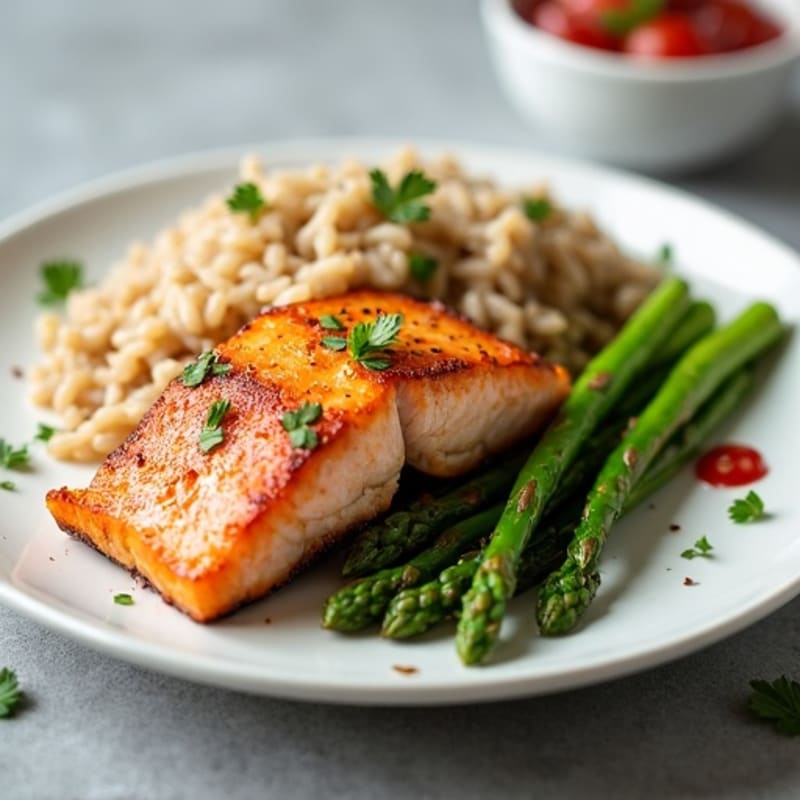 Seared Salmon Fillet with Steamed Asparagus and Brown Rice
