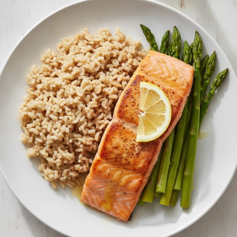 Seared Salmon Fillet with Steamed Asparagus and Brown Rice
