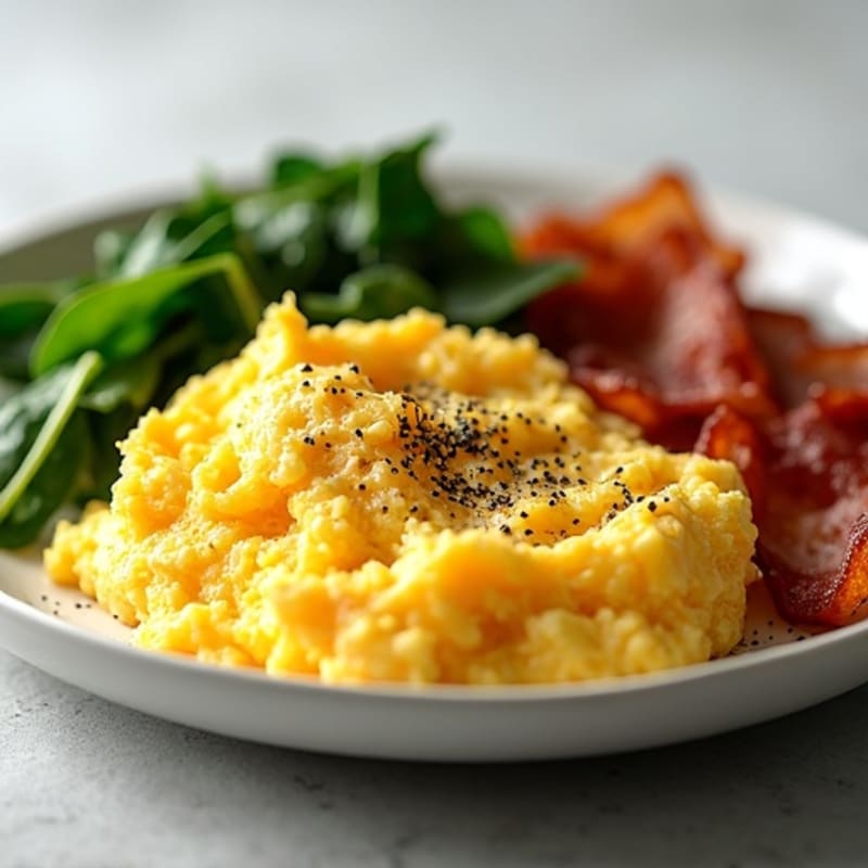 Fluffy Scrambled Eggs with Sautéed Greens and Crispy Turkey Bacon