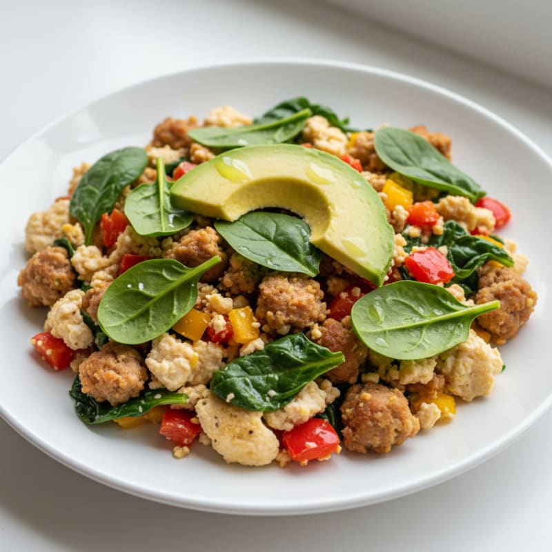 Egg White and Turkey Sausage Scramble with Spinach and Bell Peppers