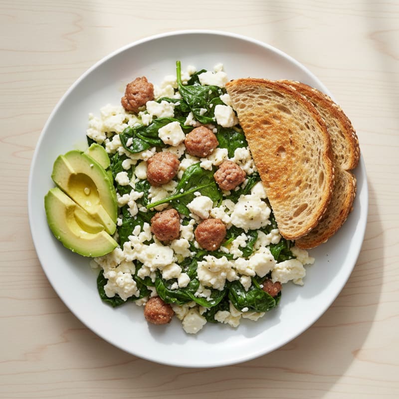 Egg White and Turkey Sausage Scramble with Spinach and Feta