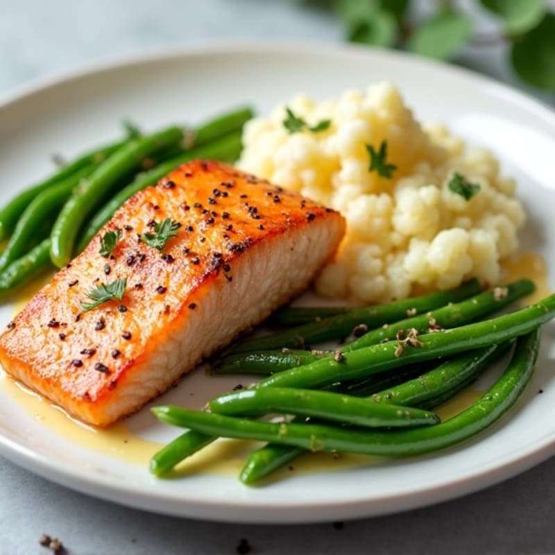 Seared Salmon Fillet with Steamed Green Beans and Garlic Mashed Cauliflower