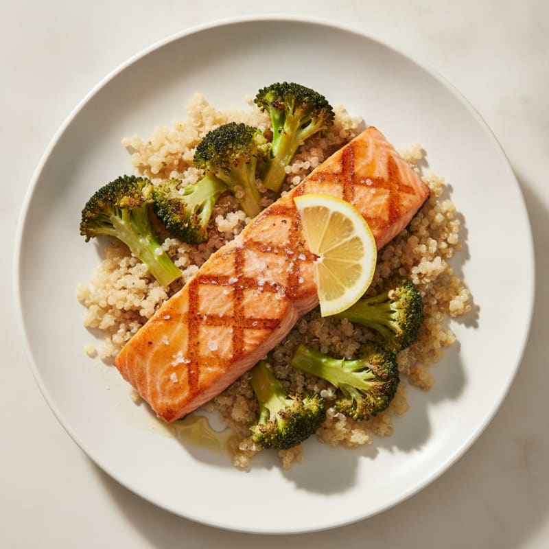 Seared Salmon Filet with Roasted Broccoli and Quinoa