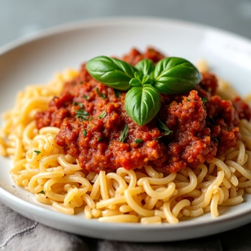 Grass-Fed Beef Bolognese with Rice Pasta and Fresh Basil