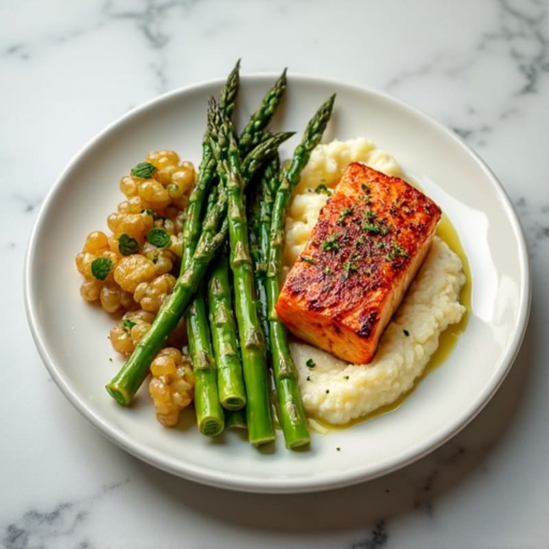 Seared Salmon with Steamed Asparagus and Cauliflower Mash