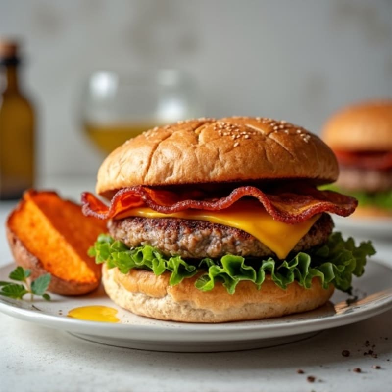 Lean Turkey Bacon Burger with Crispy Sweet Potato Wedges