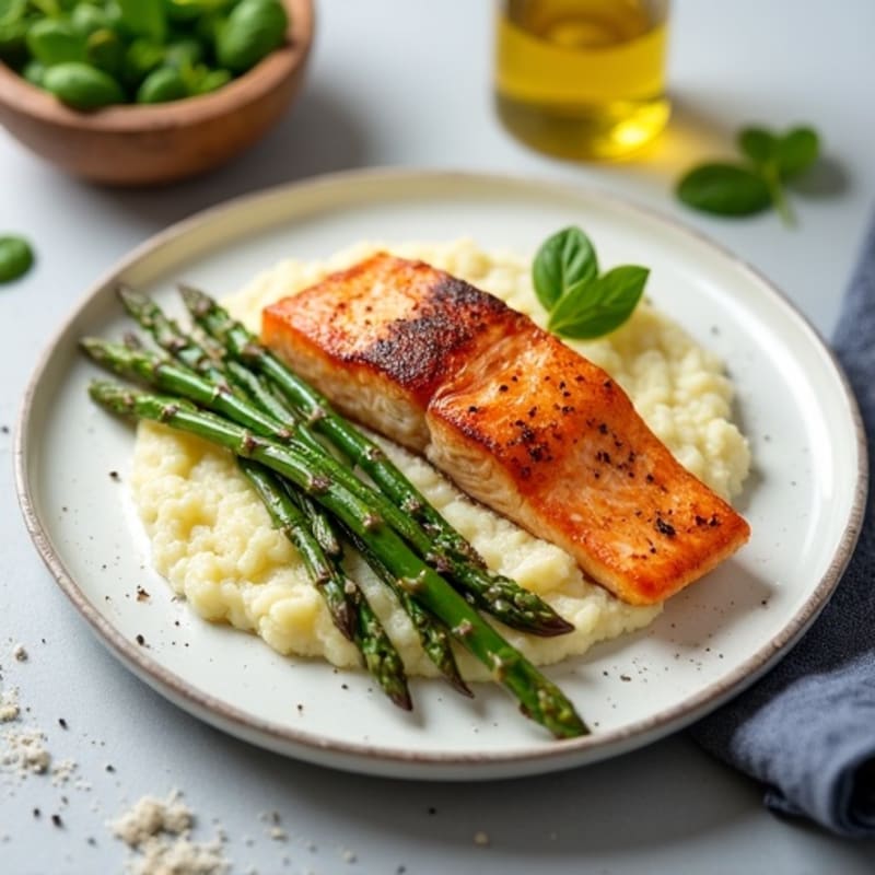Seared Salmon Fillet with Roasted Asparagus and Cauliflower Mash