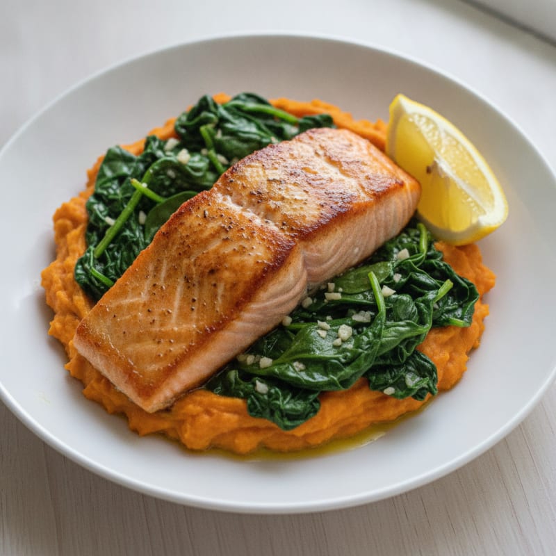 Seared Salmon with Garlic Spinach and Sweet Potato Mash