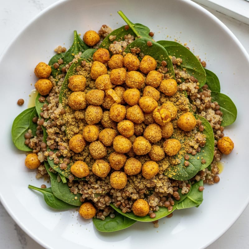 Crispy Lentil and Quinoa Power Bowl with Roasted Chickpeas