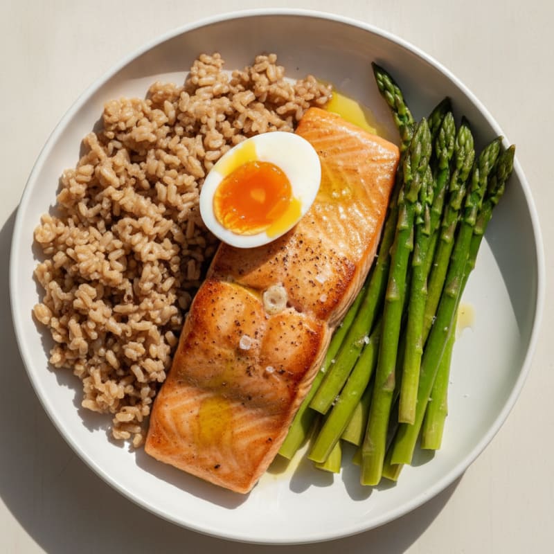 Seared Salmon with Steamed Asparagus and Brown Rice