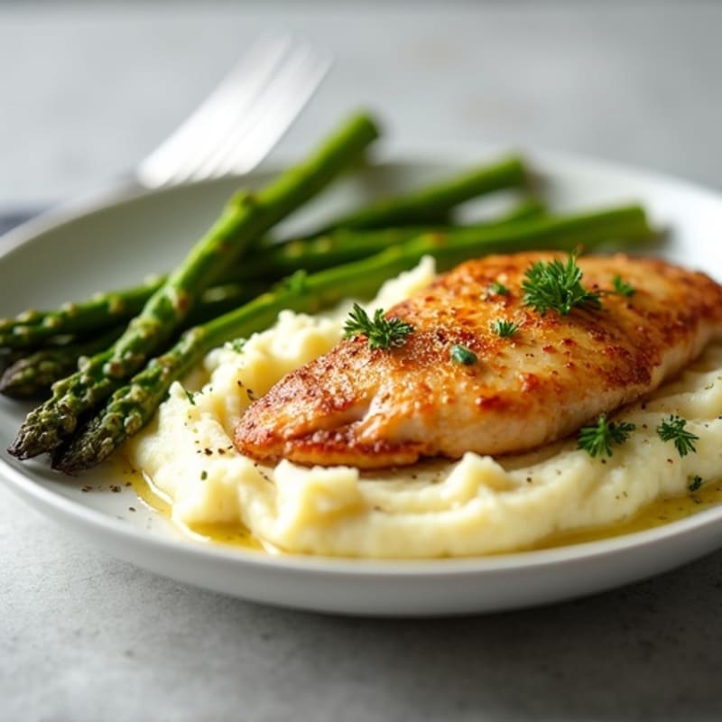 Lean Pan-Seared Chicken with Creamy Garlic Cottage Cheese Mashed Potatoes and Roasted Asparagus