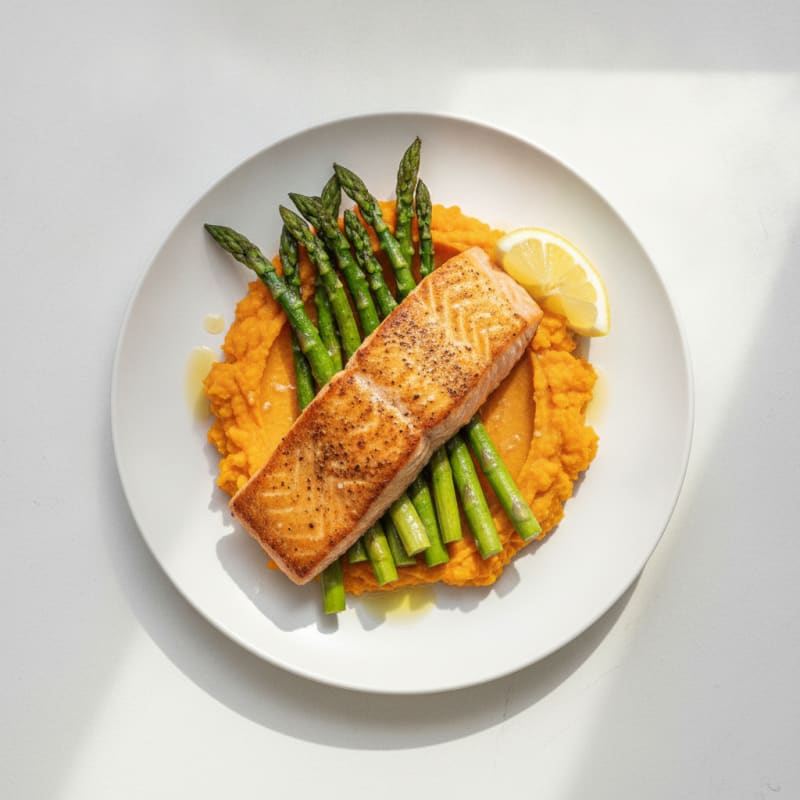 Seared Salmon with Roasted Asparagus and Sweet Potato Mash