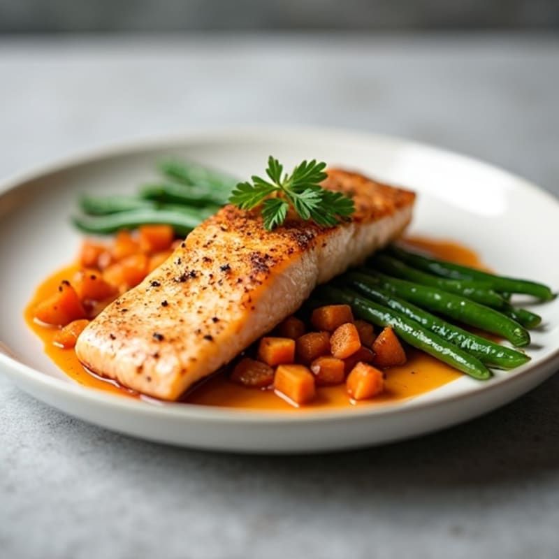 Seared Salmon Fillet with Roasted Sweet Potato and Garlicky Green Beans