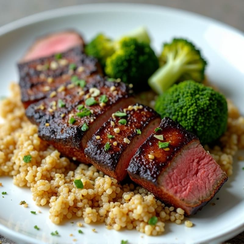 Seared Beef Strips with Roasted Broccoli and Quinoa