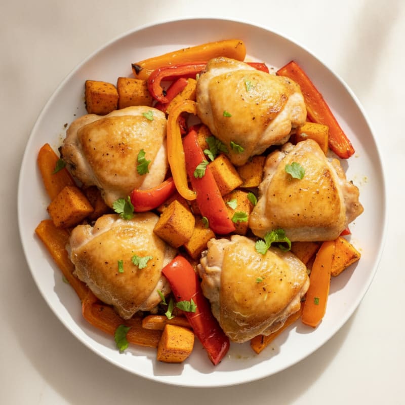 Oven-Baked Chicken Thighs with Roasted Sweet Potato and Bell Peppers