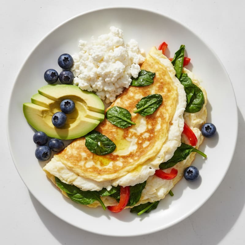 Egg White Veggie Omelette with Cottage Cheese and Sautéed Spinach