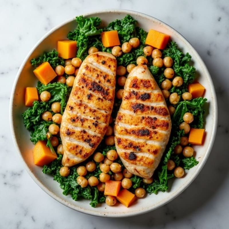 Roasted Butternut Squash and Kale Salad with Crispy Chickpeas and Grilled Chicken