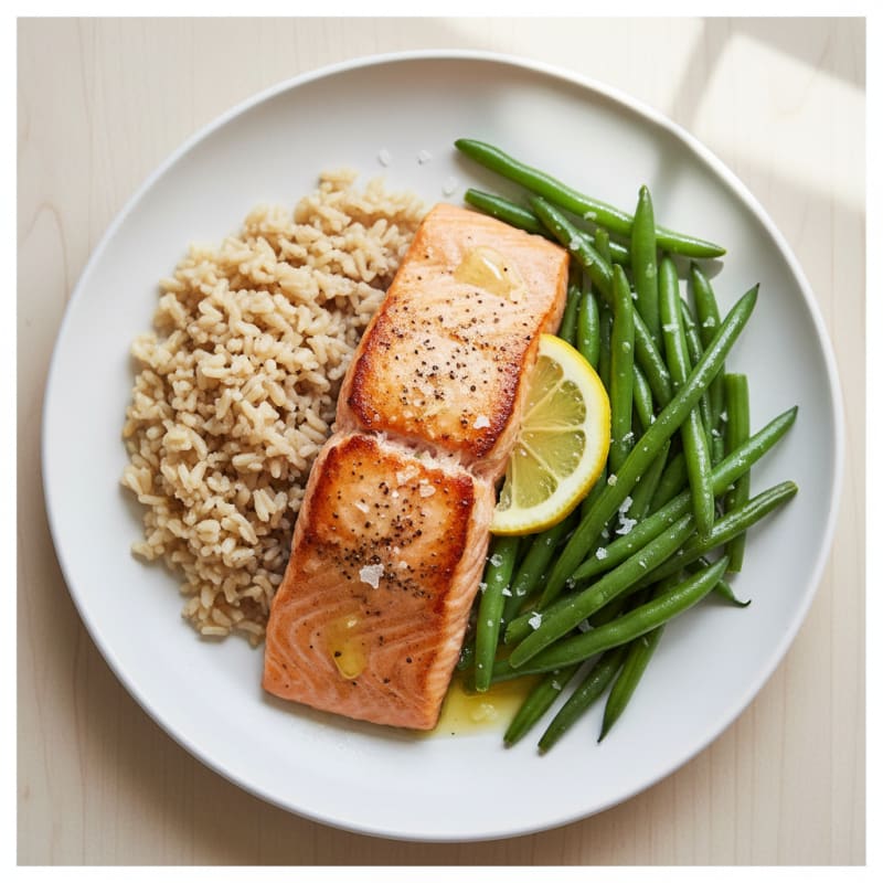 Seared Salmon Fillet with Steamed Green Beans and Brown Rice