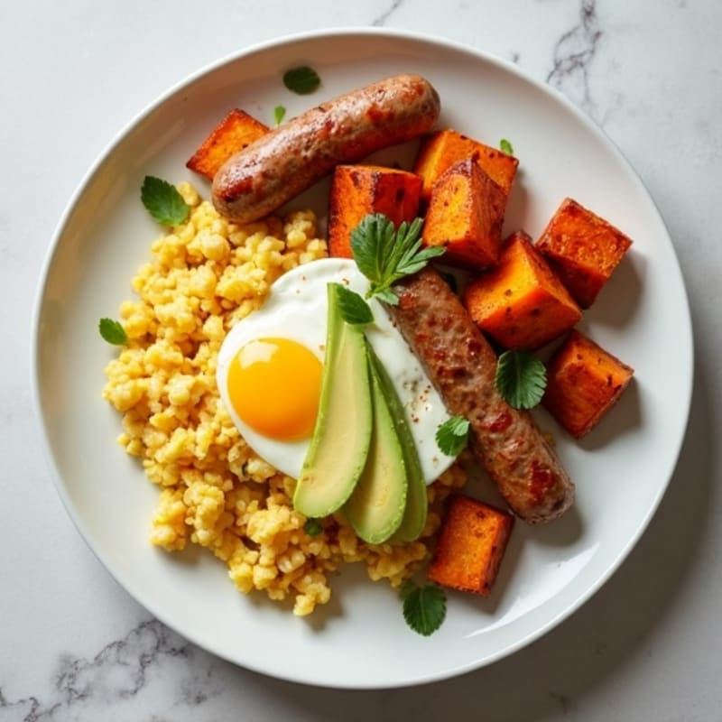 Egg White and Turkey Sausage Scramble with Roasted Sweet Potatoes
