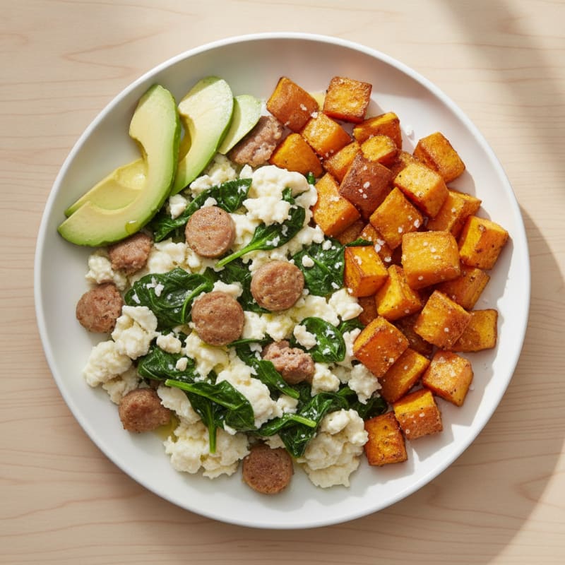 Egg White and Turkey Sausage Scramble with Roasted Sweet Potato