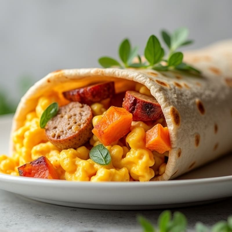 Roasted Sweet Potato and Lean Turkey Sausage Breakfast Burrito with Creamy Scrambled Eggs