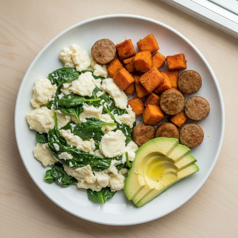 Egg White Spinach Scramble with Turkey Sausage