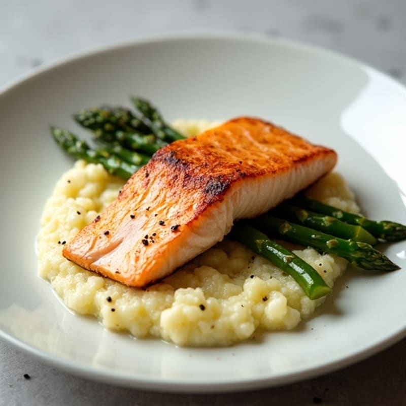 Seared Salmon with Steamed Asparagus and Cauliflower Mash