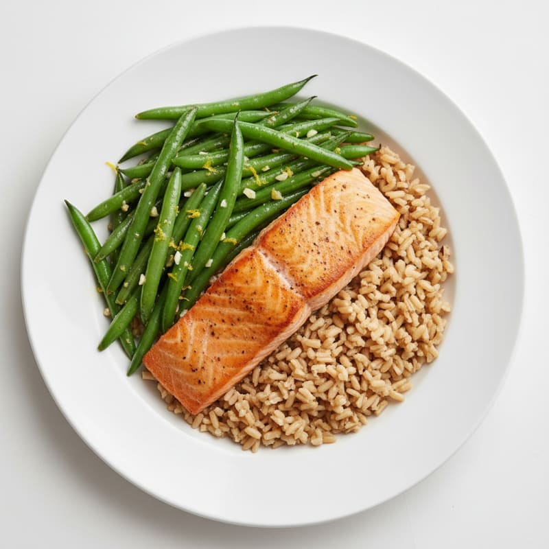 Seared Salmon Fillet with Garlic Green Beans and Brown Rice