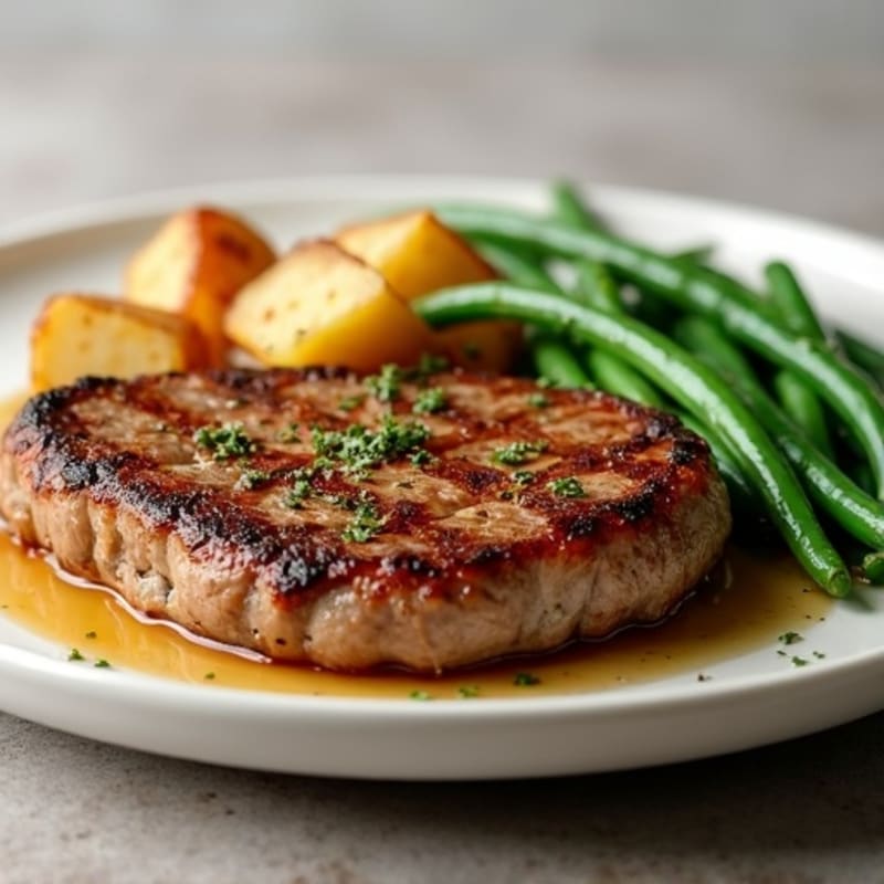Pan-Seared Garlic Steak with Crispy Roasted Potatoes and Green Beans