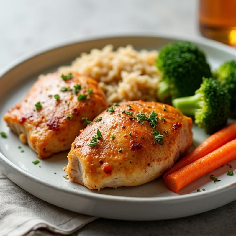 Oven-Baked Chicken Thighs with Roasted Carrots, Brown Rice & Steamed Broccoli