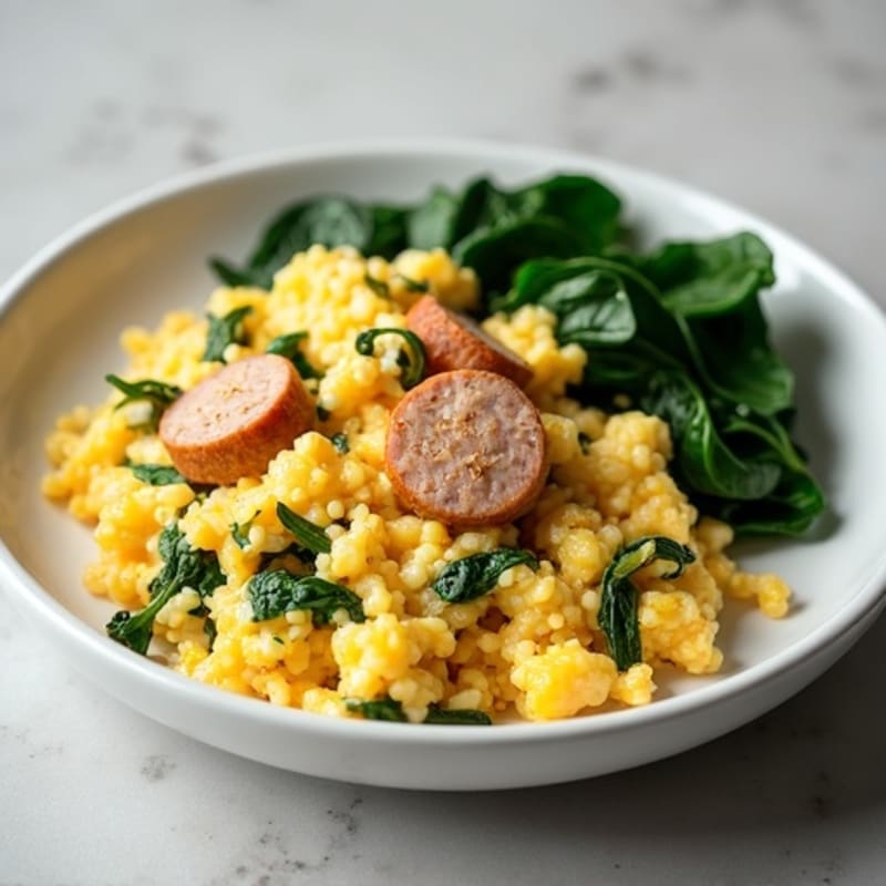 Egg White and Turkey Sausage Scramble with Sautéed Spinach