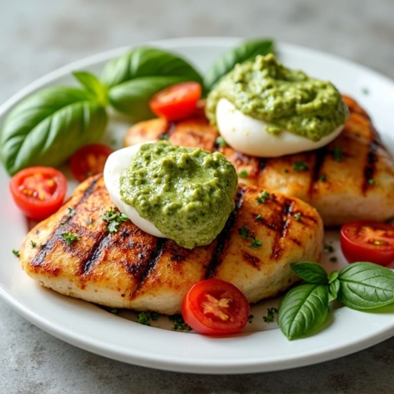 Grilled Chicken with Fresh Mozzarella, Ripe Tomatoes, and Bright Basil Pesto