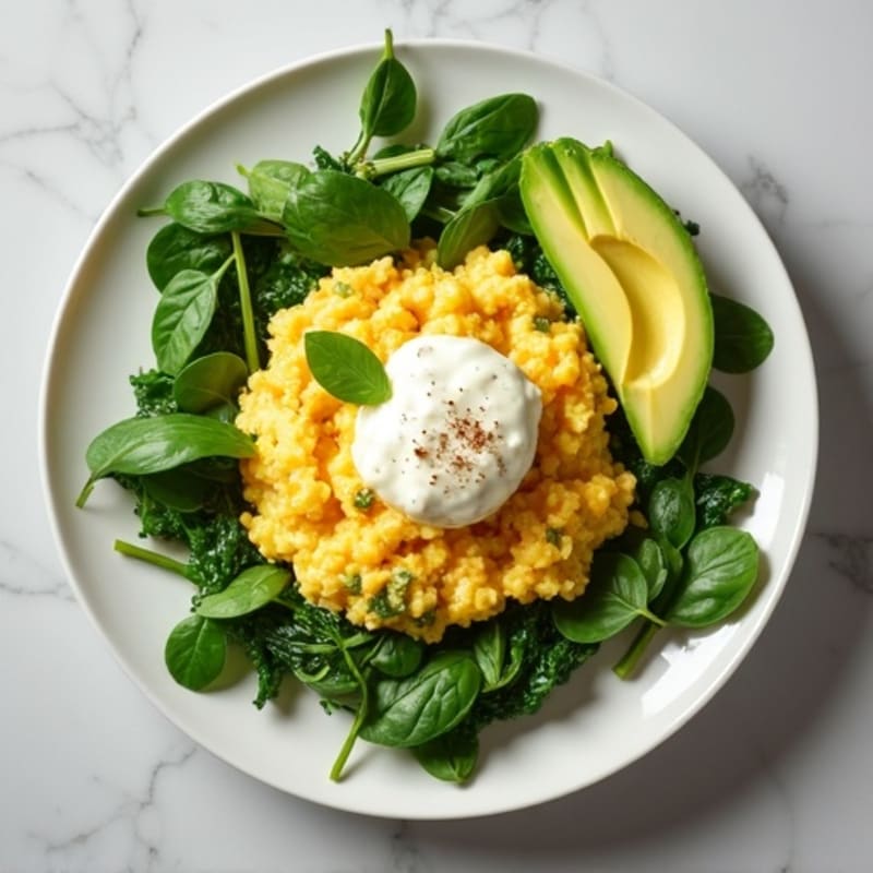 Egg White Spinach Scramble with Cottage Cheese and Sliced Avocado