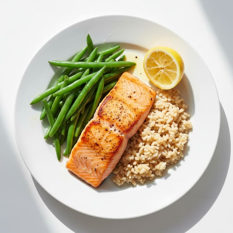 Seared Salmon Fillet with Steamed Green Beans and Brown Rice