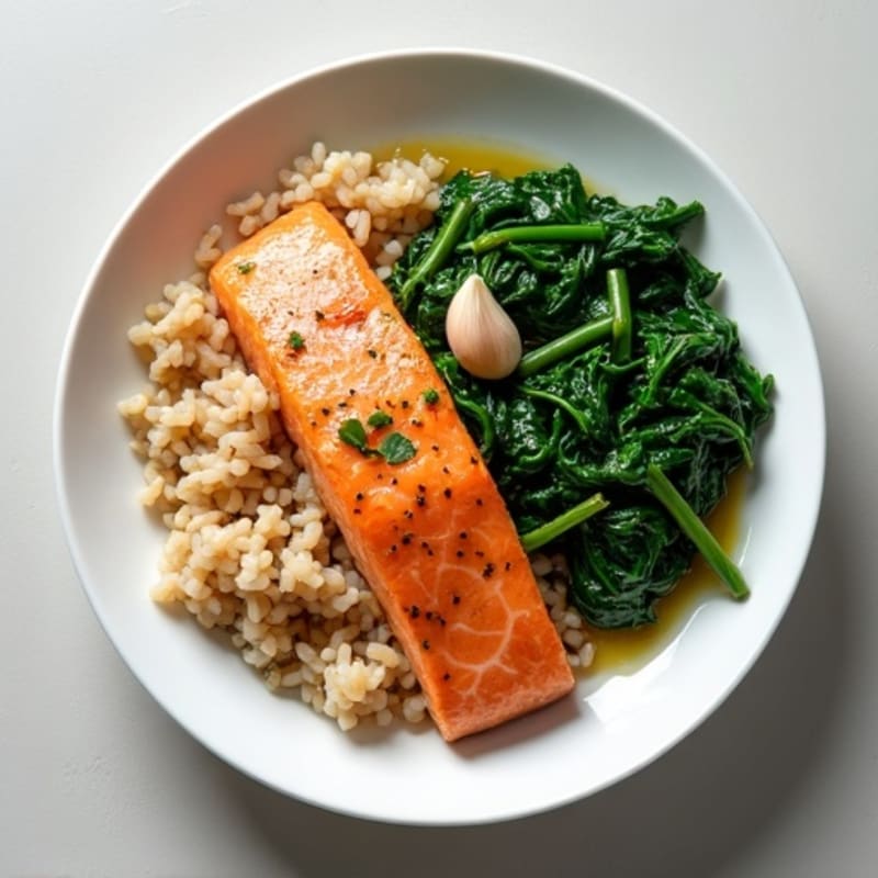 Seared Salmon with Steamed Brown Rice and Garlic Spinach