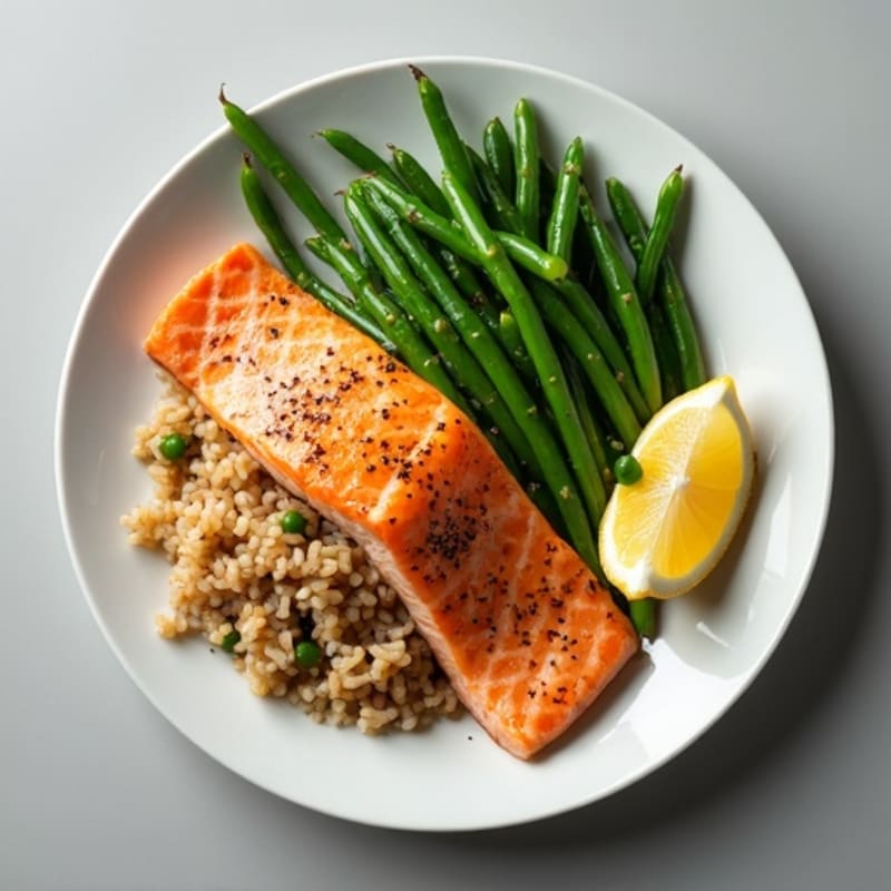 Seared Salmon Fillet with Garlic Green Beans and Brown Rice