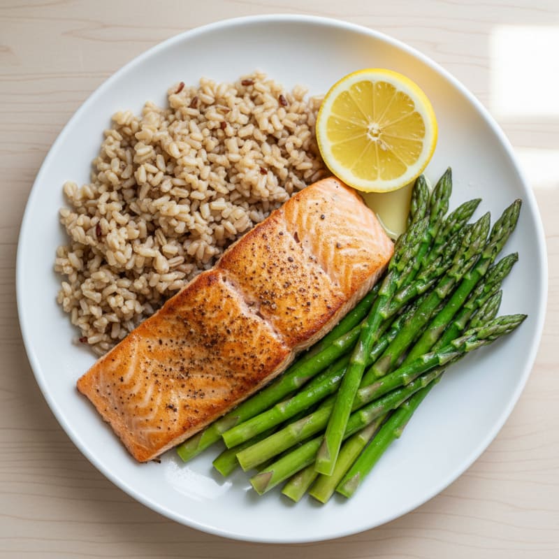 Seared Salmon with Steamed Asparagus and Brown Rice