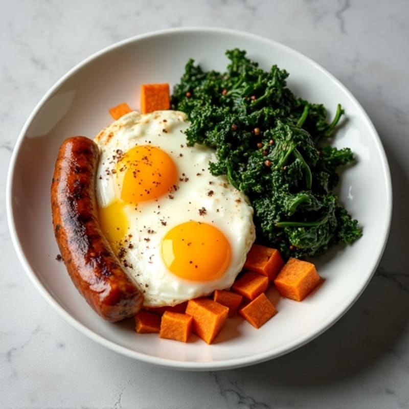 Baked Eggs with Crispy Sweet Potatoes and Sautéed Kale